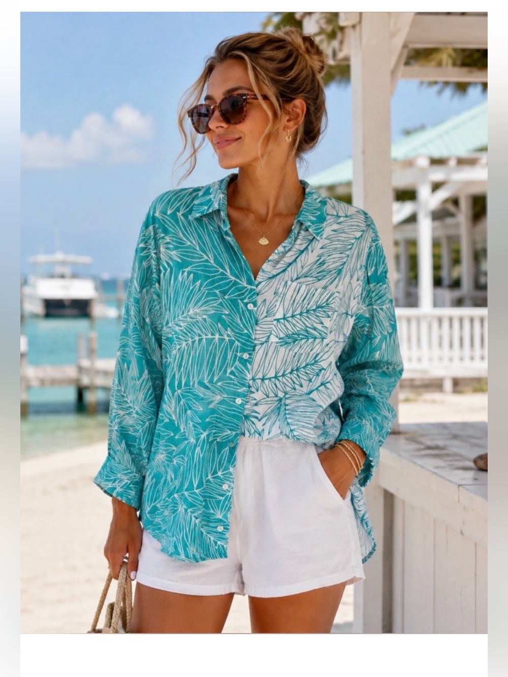 Casual Tropical Print Button-Up Shirt - Teal White 100%cotton